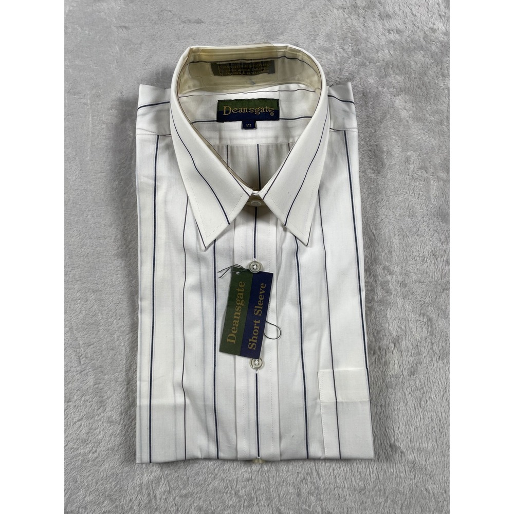 Deansgate Mens Short Sleeve Dress Shirt White Blue Striped Size 17 NWT